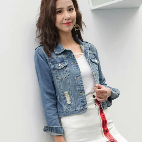 牛仔外套女短款修身韩版新款显瘦学生长袖春秋牛仔服上衣大码肩章商品大图