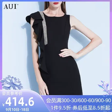 AUI欧洲站黑色气质修身连衣裙女夏2023新款不规则设计感荷叶边裙图片