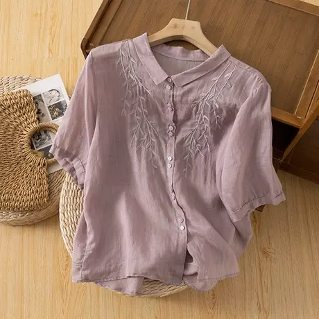 享永子短袖苎麻刺绣衬衫女文艺复古棉麻漂亮衬衣上衣2023夏季新款商品大图