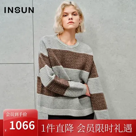 恩裳2023秋季新款金丝小珠片撞色肌理感圆领套头针织衫女商品大图