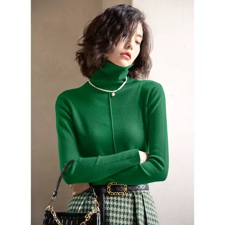 弥古绿色高领针织衫女春秋长袖修身内搭上衣设计感小众毛衣打底衫商品大图