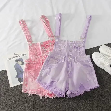 排扣破洞多口袋牛仔背带短裤女2023夏季新款韩版粉色吊带连体短裤商品大图