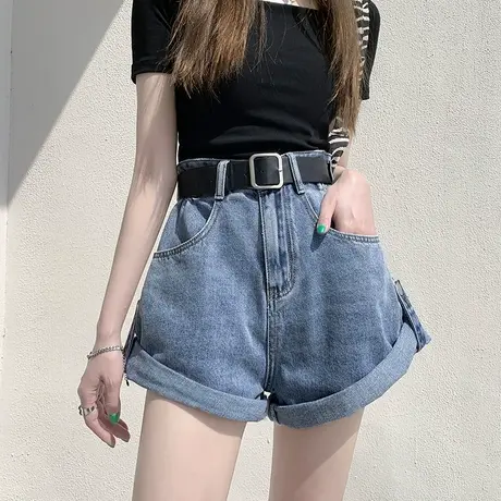 爆款高腰复古阔腿牛仔短裤女大码夏季宽松百搭钮扣小个子卷边热裤图片