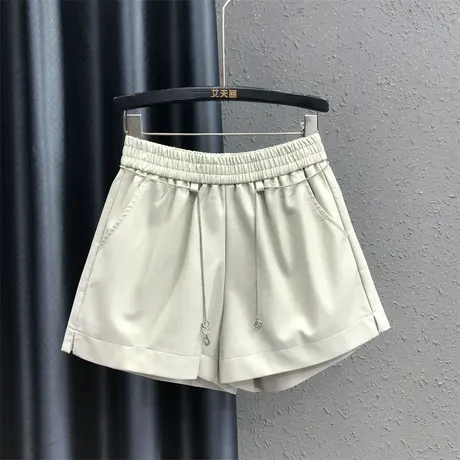 2023秋季新款米白色松紧腰PU皮阔腿裤女松紧腰设计感宽松显瘦短裤图片