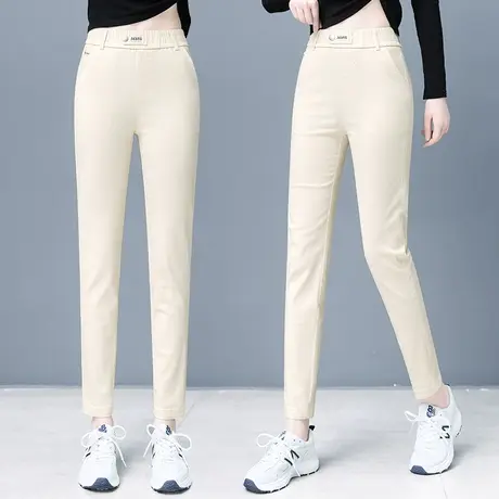 女士休闲裤小个子高腰直筒烟管裤2023新款时尚百搭小脚哈伦裤卡其图片