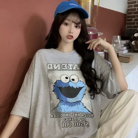 芝麻街短袖t恤女2021新款夏季宽松韩版设计感小众港风上衣服ins潮商品大图