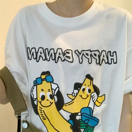 红续韩版复古卡通香蕉印花短袖T恤女2023夏季新款ins纯棉宽松上衣图片