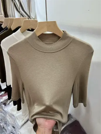 半高领天丝五分袖羊毛针织小衫女2023早秋新款修身简约气质打底衫商品大图