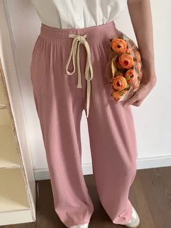 蛇骨纹阔腿裤女夏季薄款抽绳直筒高腰百搭垂感休闲拖地冰丝长裤子商品大图