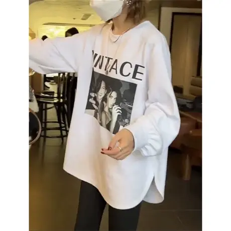 美式复古长袖T恤女装秋装2023年新款宽松显瘦韩版纯棉上衣打底衫商品大图