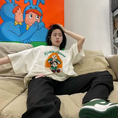 重磅纯棉短袖t恤女美式复古oversize圆领宽松半袖港味chic上衣夏商品大图