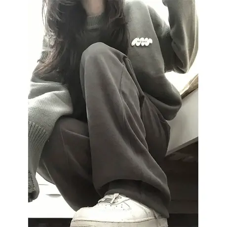 灰色运动裤女小个子秋冬阔腿直筒裤宽松显瘦垂坠感休闲长裤子春秋图片