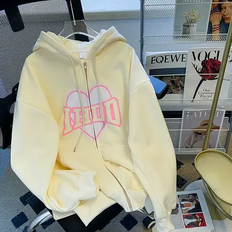 超火爱心设计感连帽拉链卫衣女秋冬新款加绒加厚ins潮牌宽松外套图片