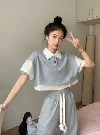 华夫格运动套装女2022新款夏季假两件polo领短袖休闲长裤两件套潮图片