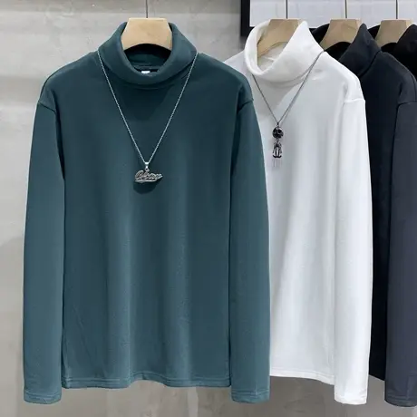 日系德绒高领打底衫男秋冬纯色加厚双面绒保暖内搭半重磅长袖t恤图片