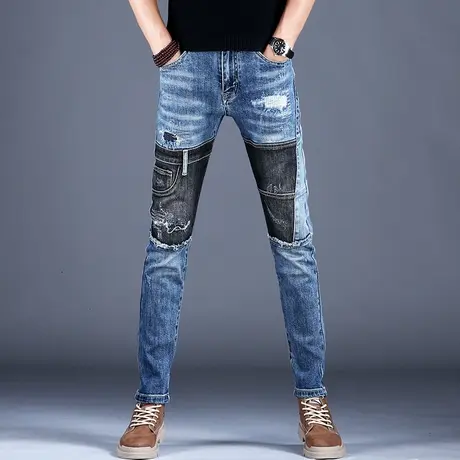 2023男士新款牛仔裤男秋季修身黑蓝拼色小脚裤秋季棉弹破洞补丁裤商品大图