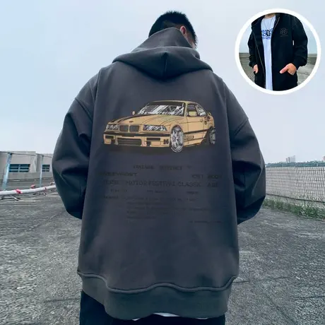 oversize春秋款宽松大码连帽加绒拉链开衫胖子卫衣男加肥加大外套商品大图