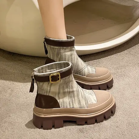 马丁靴女短靴2023年新款厚底女鞋小个子春秋靴子薄款工装短筒靴子图片