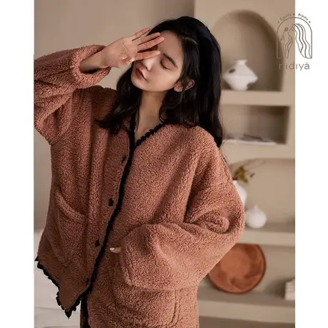 妮狄娅睡衣女士秋冬季保暖珊瑚绒素雅开衫简约精致休闲家居服套装商品大图