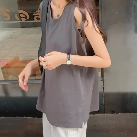 纯棉港风吊带运动坎肩背心无袖t恤女夏季外穿篮球服宽松挂脖上衣商品大图