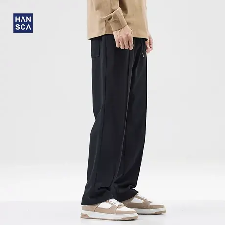 hansca卫裤男潮牌春季新款美式重磅黑色宽松运动休闲直筒拖地长裤图片