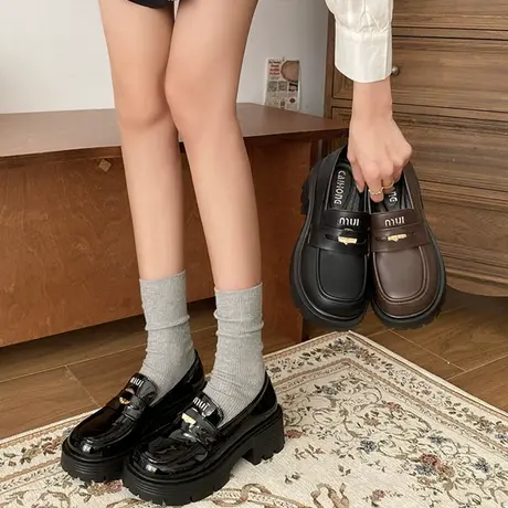 乐福鞋女2024年春秋季新款一脚蹬配裙子单鞋高级感英伦粗跟小皮鞋商品大图