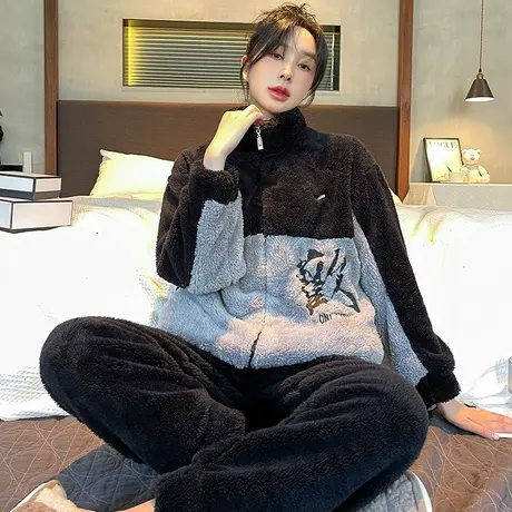 珊瑚绒睡衣女拉链款秋冬季加绒加厚法兰绒女士冬天家居服套装冬款图片