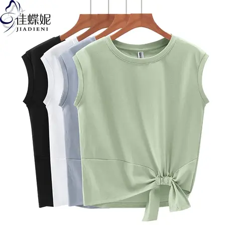 夏季新款韩版圆领绑带宽松纯棉纯色休闲坎肩背心上衣内搭女打底衫图片