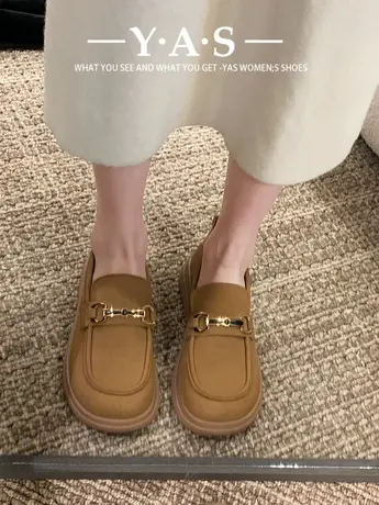 宽胖脚专用乐福鞋女2024春季新款一脚蹬棕色复古小皮鞋软底豆豆鞋商品大图