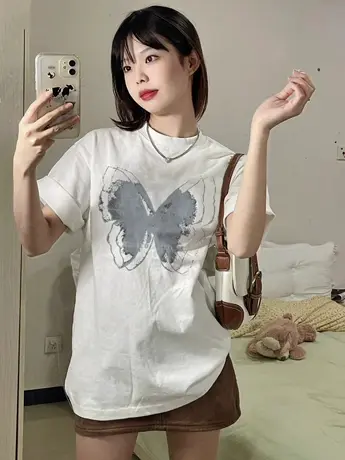 法式高级感上衣夏季大码胖mm小众白色慵懒风正肩短袖T恤女2-300斤商品大图