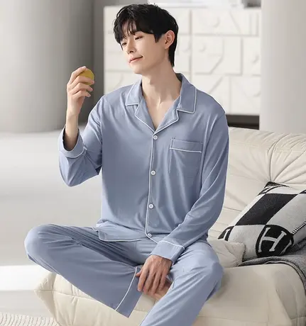 南极人男士青年莫代尔睡衣春秋季新款长袖简约开衫家居服时尚套装图片