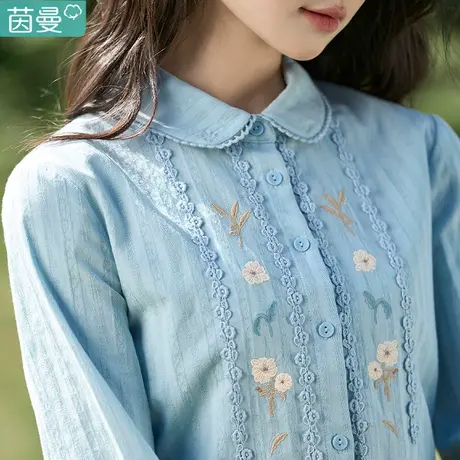 茵曼官方旗舰店女装2023早秋装新款刺绣复古花边长袖衬衫纯棉衬衣商品大图