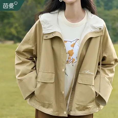 茵曼旗舰店连帽短款风衣外套女2023秋新款小个子休闲宽松上衣春秋图片