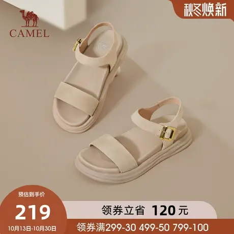 骆驼女鞋2023夏季新款平底一字带凉鞋时尚厚底真皮厚底休闲凉鞋女图片