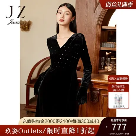 JZ玖姿复古丝绒连衣裙女2022秋季新款气质V领优雅收腰礼服裙子图片