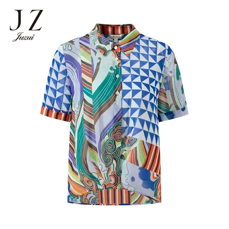 JZ玖姿祥云印花雪纺衫女装2022夏季新款彩色几何时尚设计感单上衣商品大图