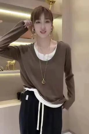 设计感长袖T恤女春秋季2023新款宽松显瘦打底衫百搭时尚小众上衣图片