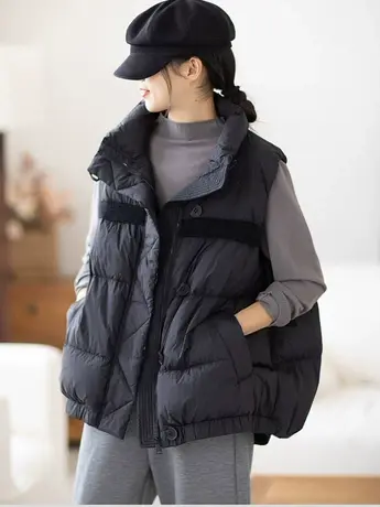 羽绒棉马甲女2023秋冬新款文艺风毛线拼接半圆扣短款棉服马夹外套图片