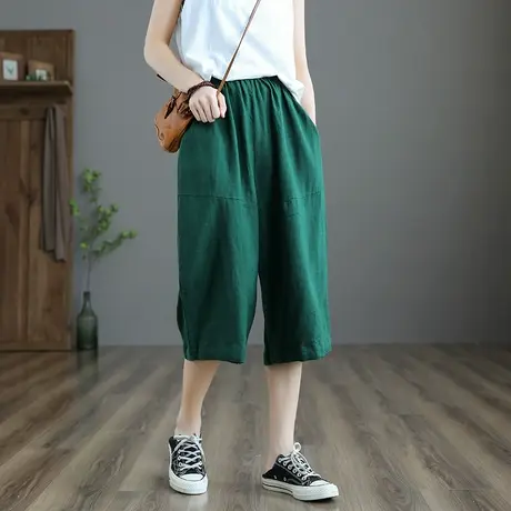 dza 文艺复古高腰显瘦棉麻裤子女士宽松直筒裤新款夏季百搭七分裤图片
