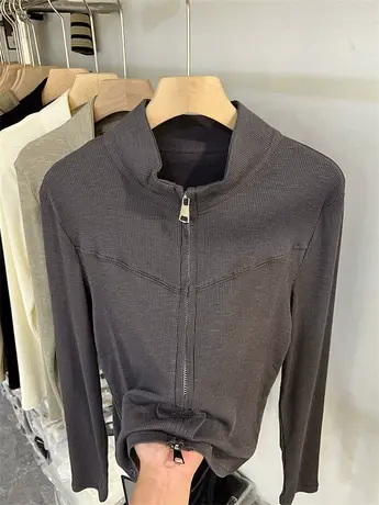 立领拉链针织开衫坑条修身上衣女2023年早秋装通勤气质长袖打底衫图片