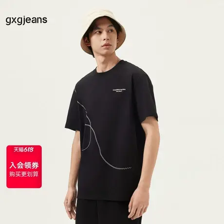 gxg.jeans男装 25年夏新款个性线条简约时尚宽松男士圆领短袖T恤商品大图