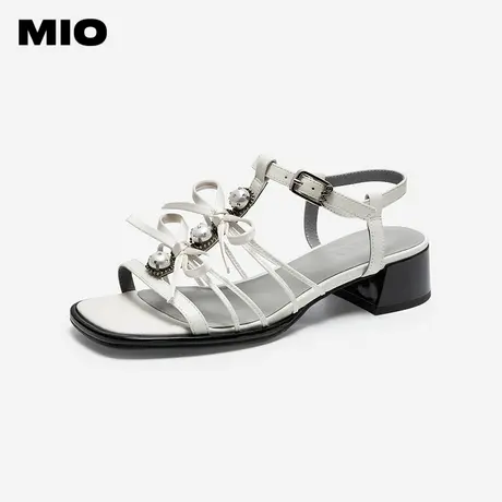 MIO米奥2025夏季低跟凉鞋女法式蝴蝶结方头一字带罗马鞋珍珠空凉图片