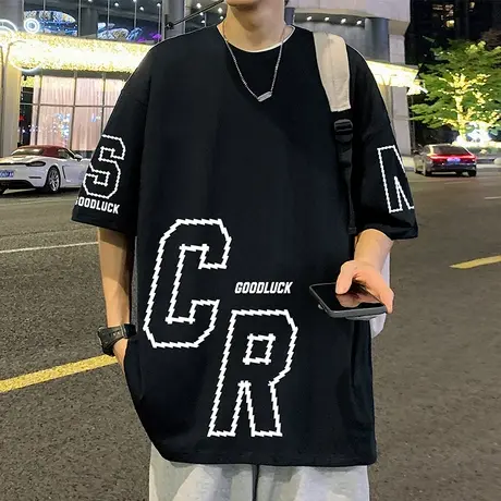 夏季短袖t恤男2025新款潮牌宽松衣服纯棉印花半袖上衣运动体恤衫商品大图