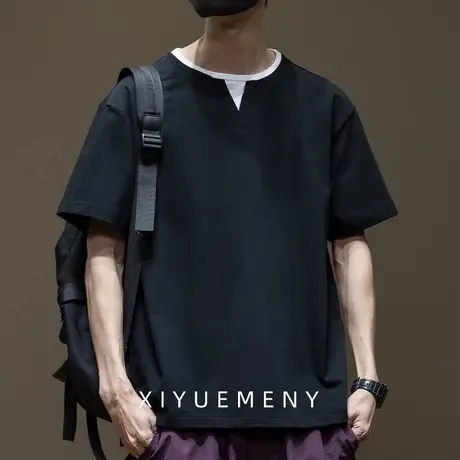 设计感假两件撞色短袖t恤男夏季新款宽松圆领半袖打底上衣服大码商品大图