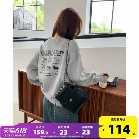 yoe后背印花圆领灰色卫衣女春秋上衣复古小个子新款宽松女装外套商品大图