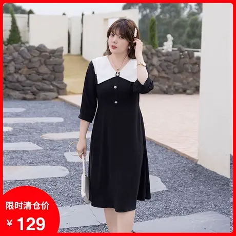 2023秋季新款V领法式茶歇裙中长款遮肚子胖MM显瘦连衣裙大码女装图片