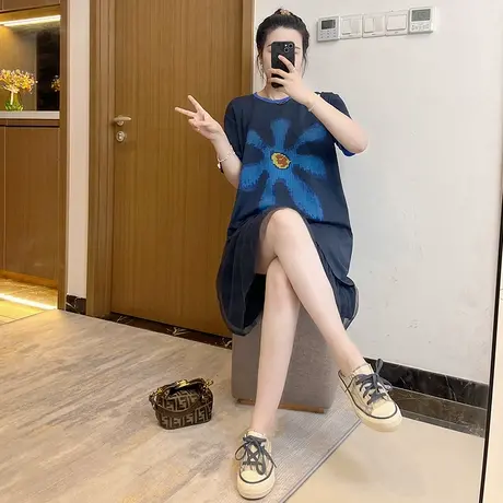 休闲风拼色海洋花网纱显瘦连衣裙女夏新款圆领百搭中长裙大码胖mm图片