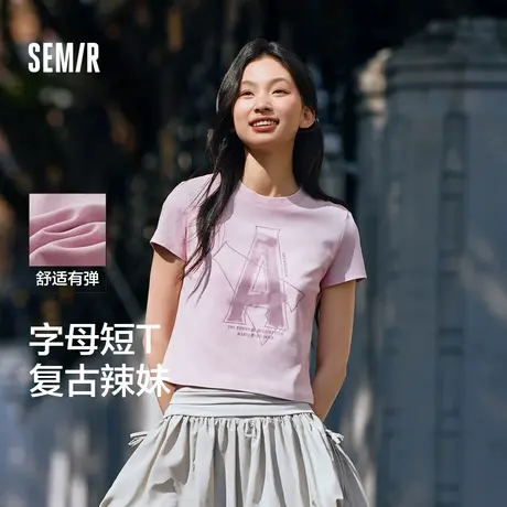 [商场同款]森马短袖T恤女短款字母修身潮流2024新款复古做旧夏装图片