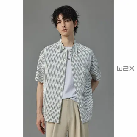 w2x夏季薄款泡泡纱条纹短袖衬衫男宽松休闲衬衣设计感痞帅寸衣潮商品大图