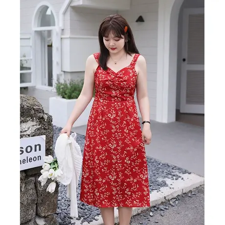 显瘦大码胖MM碎花连衣裙2023年夏装新款法式复古收腰吊带红色长裙商品大图